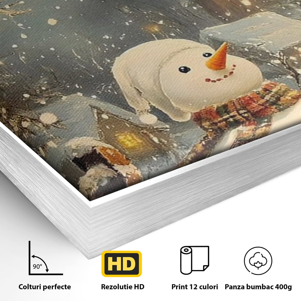 Detaliu al suprafetei: tablou canvas cu om de zapada, in rama de aluminiu argintiu